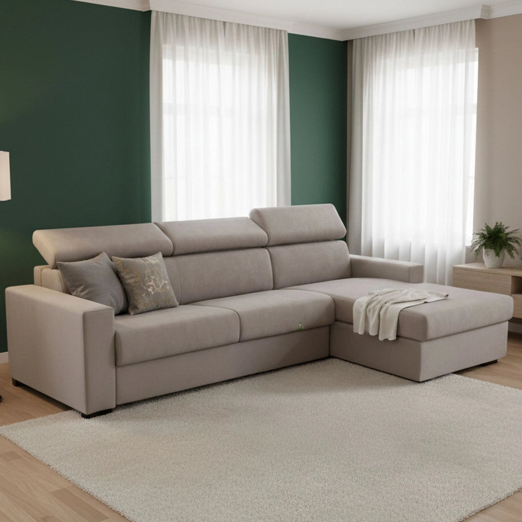 Divano Letto Allevatore, Divano ad angolo, Made in Italy, SofÒ  con apertura girevole, con Penisola contenitore Destra, con Braccioli standard, cm 280x95h85, Tortora