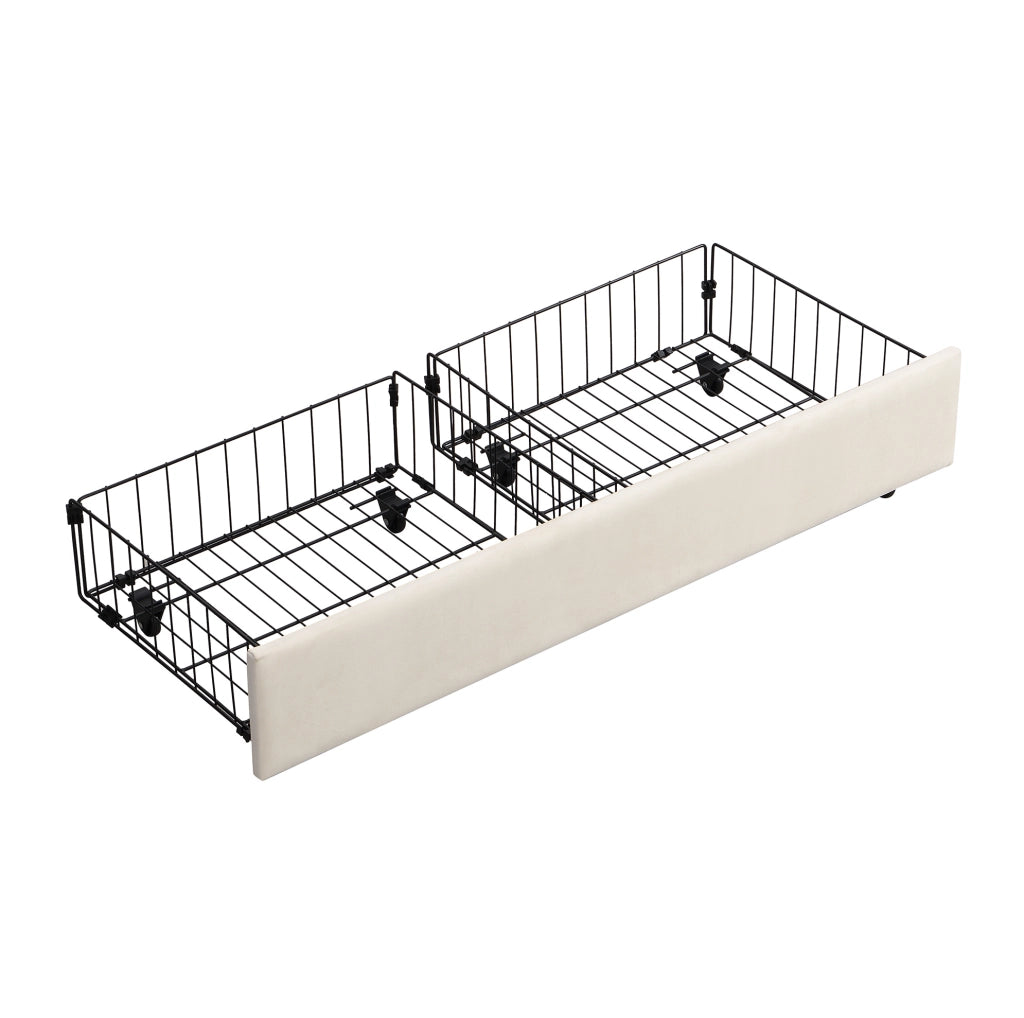 Letto imbottito in velluto beige con contenitore e cassetti