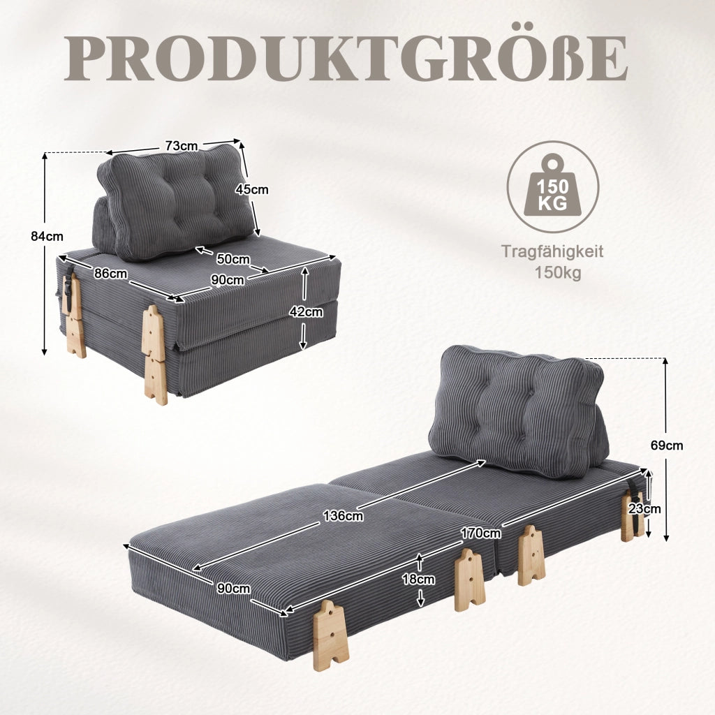 Divano letto 1 posto ¨C Minimal ¨C grigio cord legno 90cm