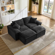 Divano a 2 posti con pouf in velluto a coste, schiuma elastica e molle, facile da pulire, per soggiorno, nero