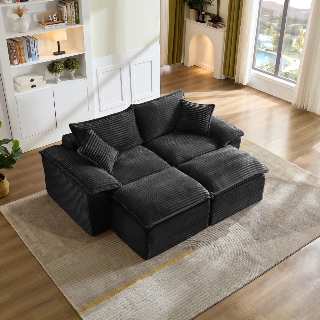 Divano a 2 posti con pouf in velluto a coste, schiuma elastica e molle, facile da pulire, per soggiorno, nero
