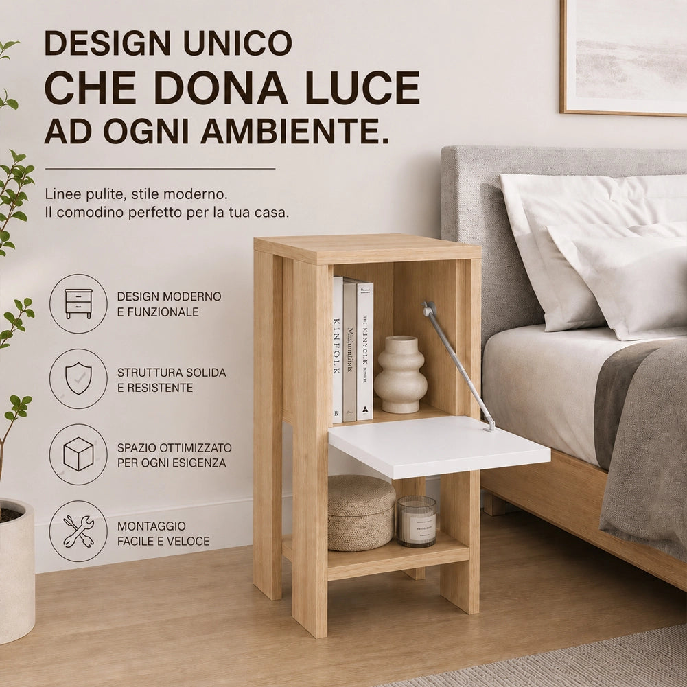 Comodino Mobiletto 2 Ripiani Anta Ribalta Tavolino Moderno Quercia e Bianco