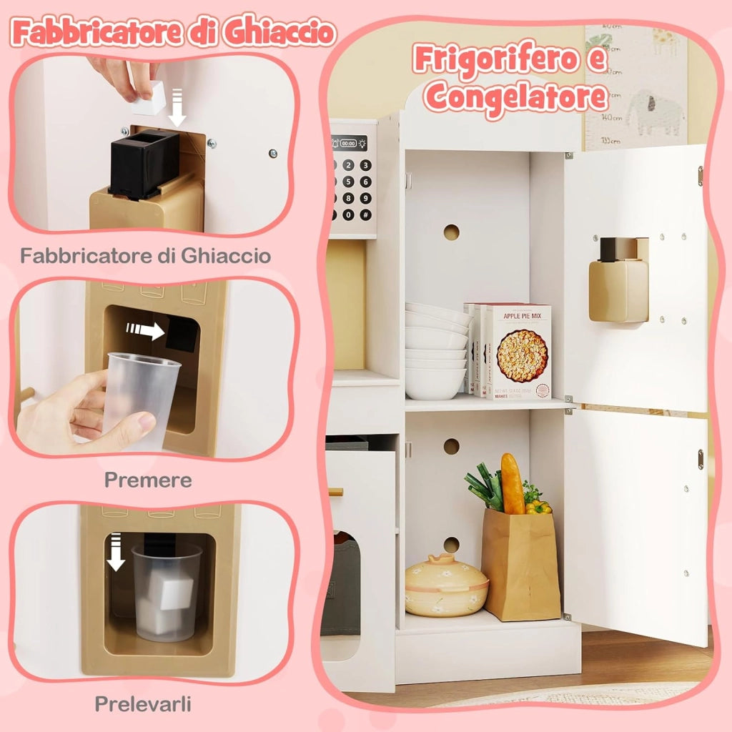 Cucina Giocattolo Angolare in Legno, Set di Cucina Giocattolo per Bambini con Lavabo, Fornelli, Forno, Frigorifero, Macchina del Ghiaccio e Accessori, per Bambini 3 Anni+ (Bianco)