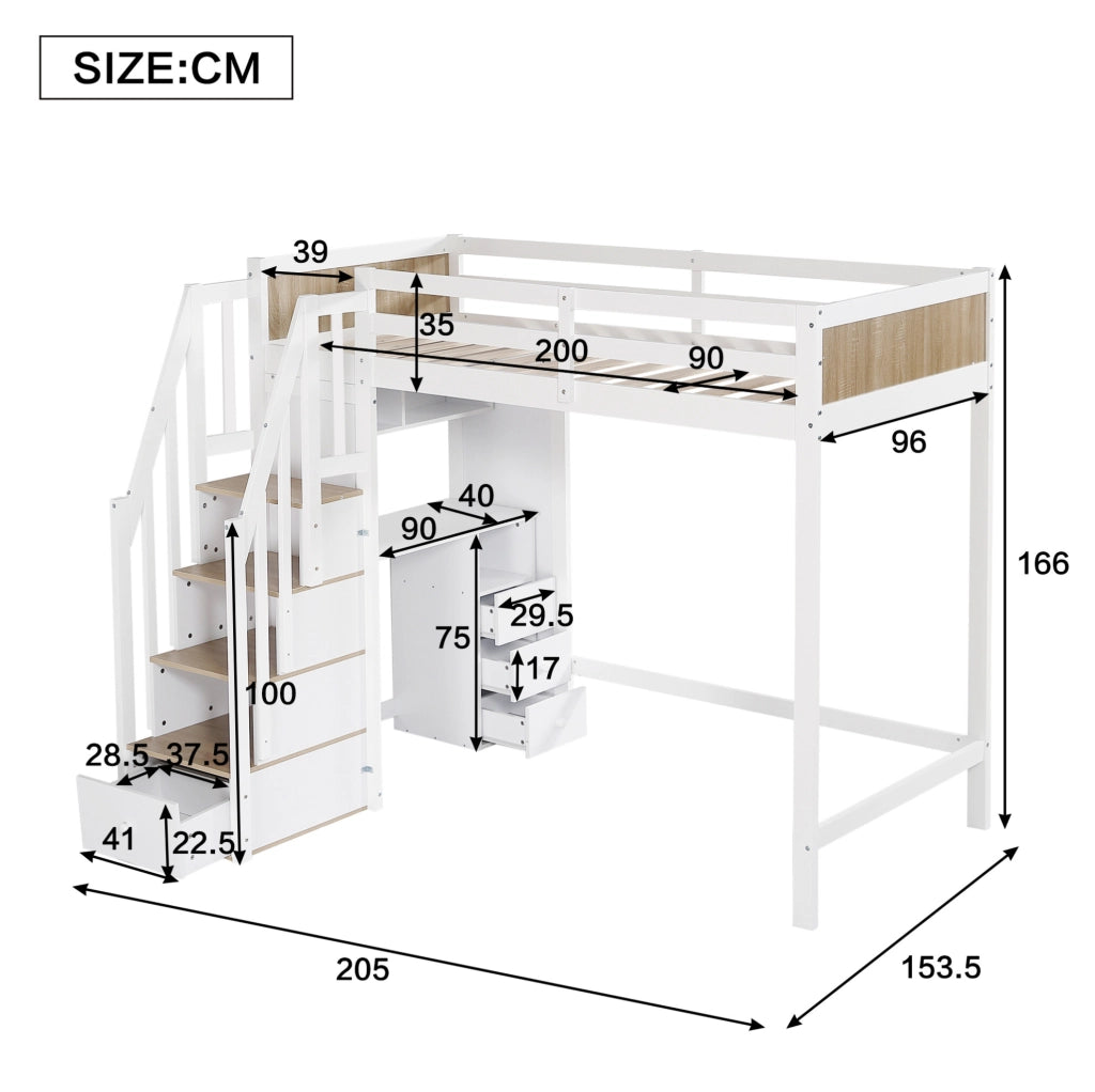 Letto a castello per bambini 90x200 cm con scrivania; scala contenitore e 3 cassetti; bianco/naturale