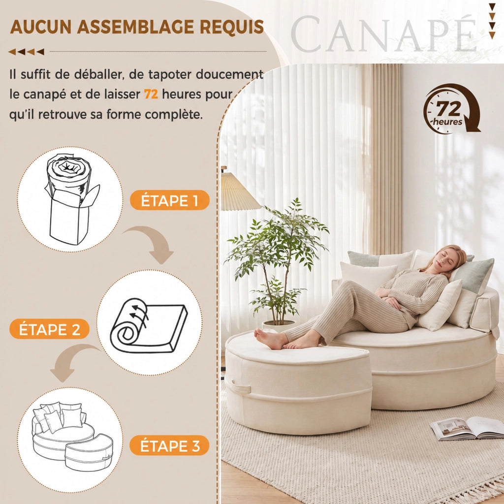Sedia lounge rotonda senza montaggio con 5 cuscini e ottomana in schiuma beige per soggiorno 121 × 107 cm