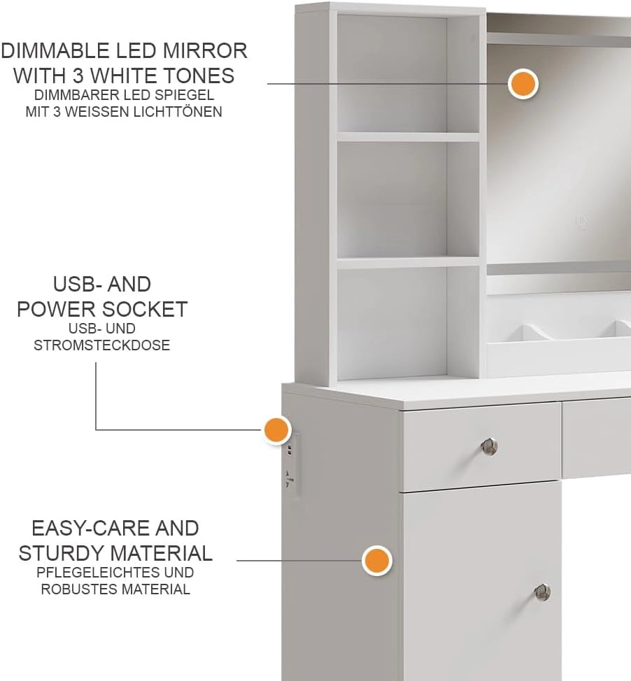 Tavolo da toilette Silvia, Bianco, 90 cm con specchio, per l'utilizzo come tavolo da trucco o da toeletta con illuminazione LED