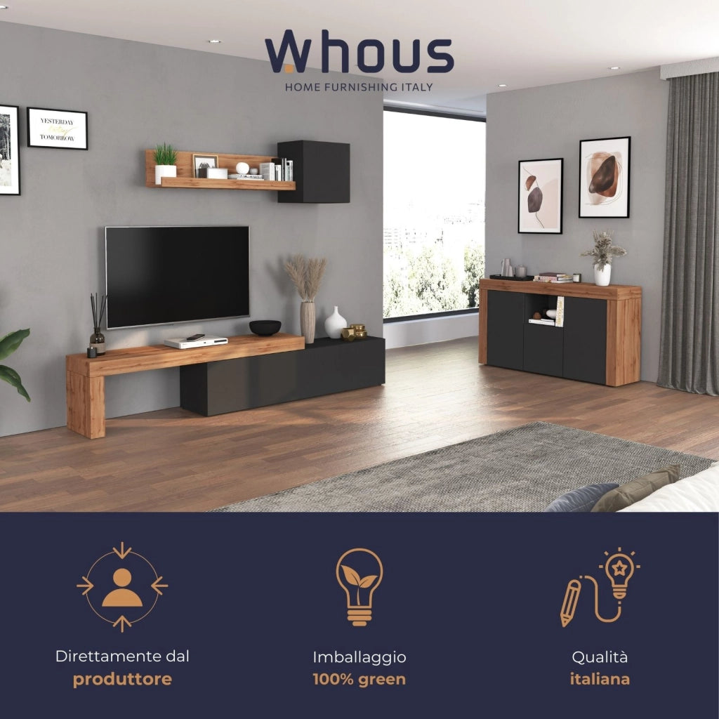 WHOUS Credenza Chronos 4 ante e 2 vani antracite opaco e rovere 200x40x85 cm