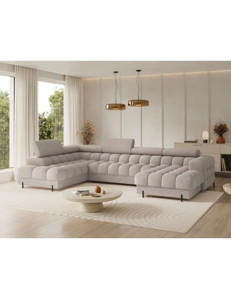 Divano panoramico convertibile Beige chiaro angolo sinistro FERARIA 358x93x202cm