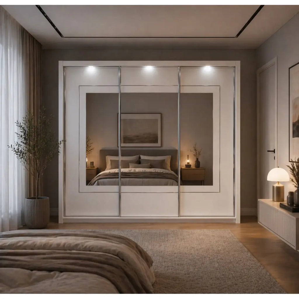 Armadio PANAREA 3 porte scorrevoli con specchi LED 208x213x67 bianco lucido