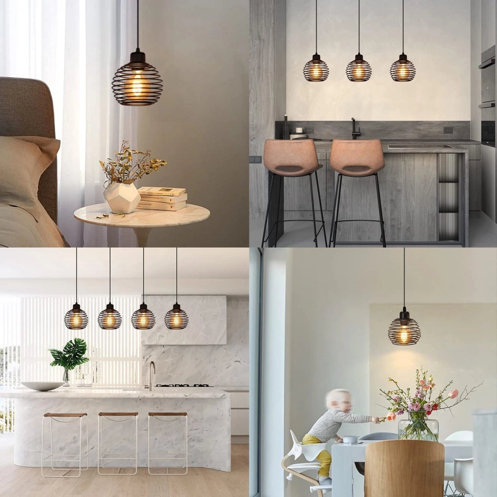 Lampada a Sospensione ZMH design vintage nero E27 diametro 15cm molla metallo con presa e interruttore per soggiorno