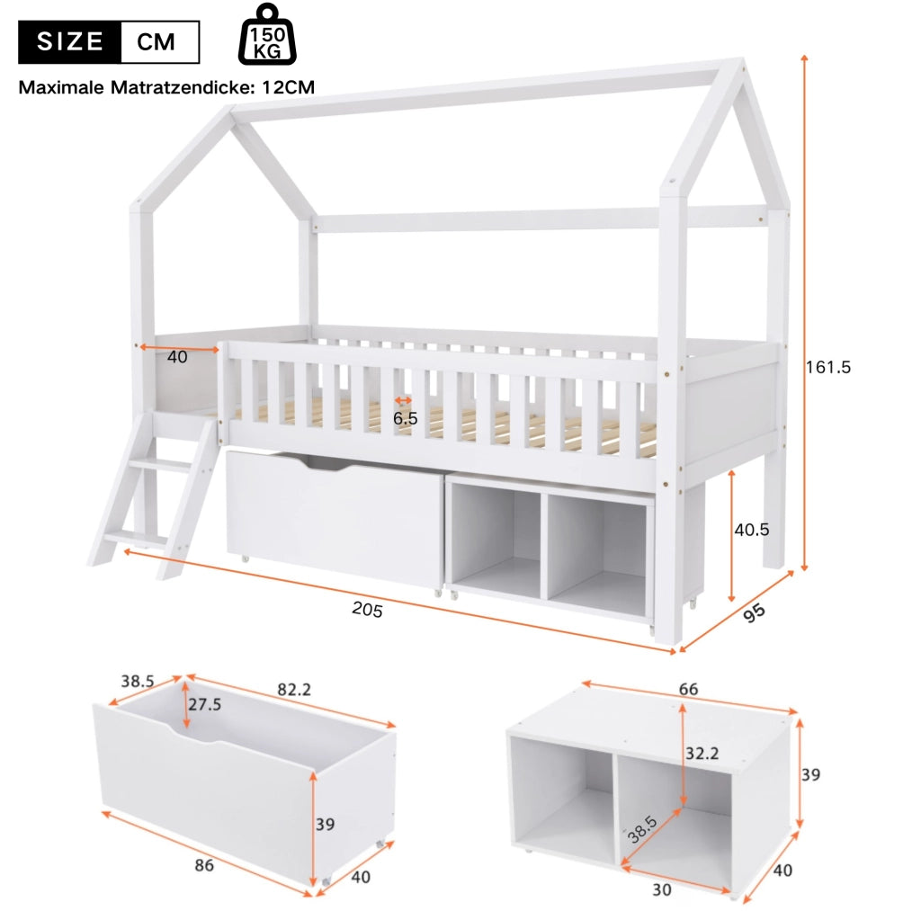 Letto a casetta per bambini 90x200 cm bianco in pino