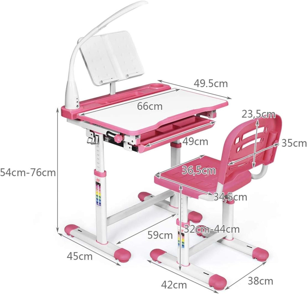 Scrivania per Bambini con Sedia, Tavolo con Lampada, Cassetto e Ripiano di Lettura Inclinabile, Regolabili in Altezza e Schienale, per Studio/Pittura, Carico di 80kg, 66x47x54-76cm (Rosa)