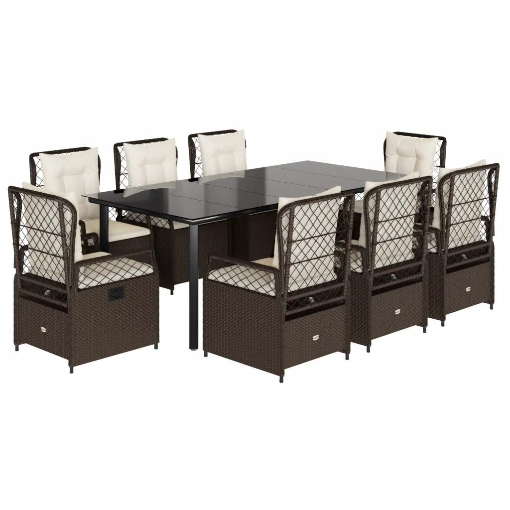 Set da Pranzo da Giardino 9pz con Cuscini Marrone in Polyrattan