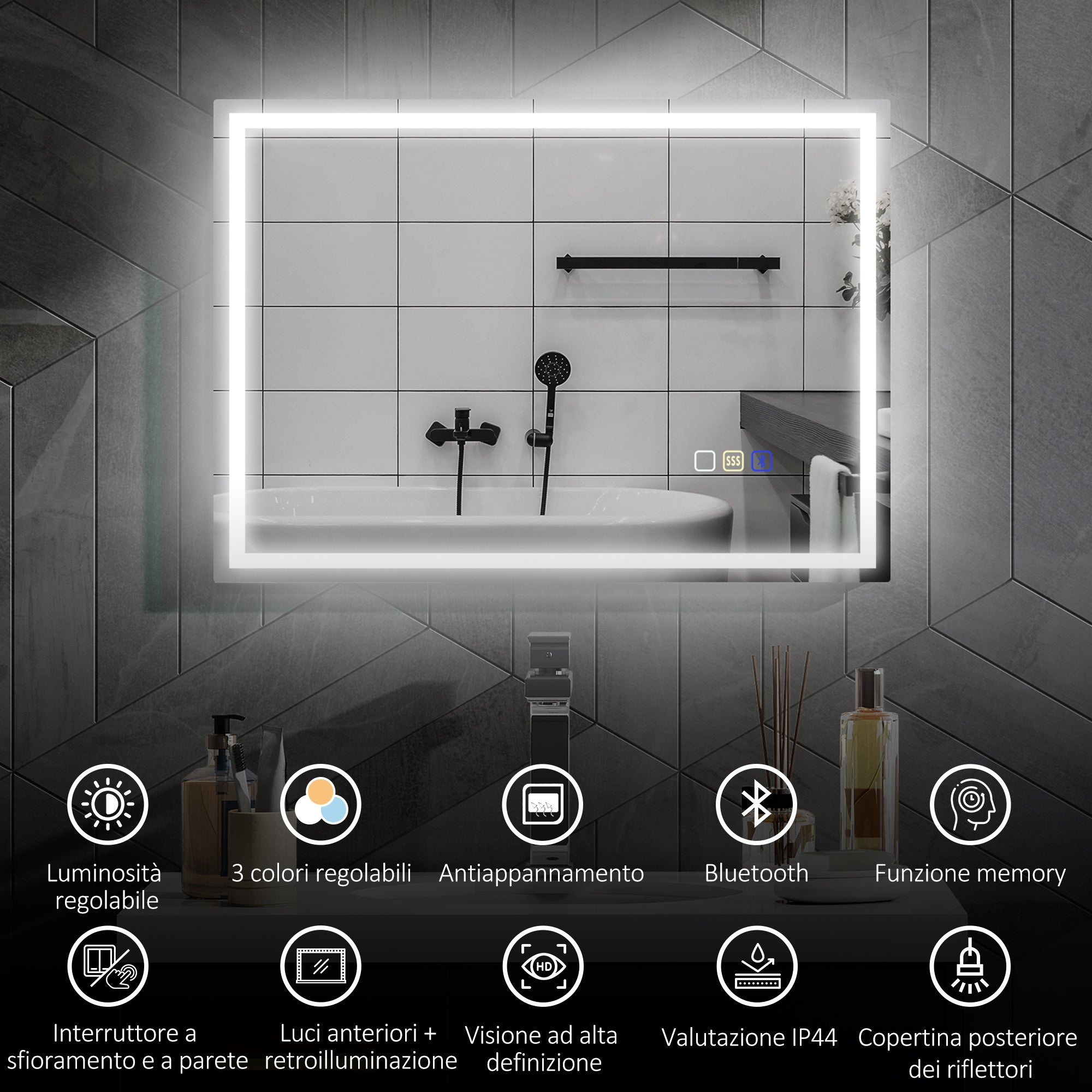 Specchio Bagno da Parete LED Antiappannamento 50x70 cm Speaker Bluetooth e Pulsanti Touch in Vetro Temperato