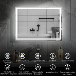 Specchio Bagno da Parete LED Antiappannamento 50x70 cm Speaker Bluetooth e Pulsanti Touch in Vetro Temperato