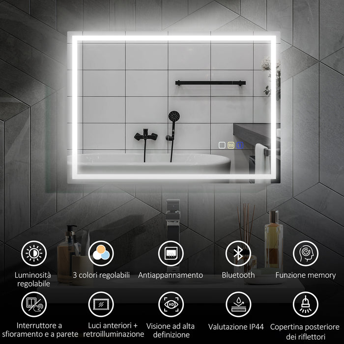 Specchio Bagno da Parete LED Antiappannamento 50x70 cm Speaker Bluetooth e Pulsanti Touch in Vetro Temperato