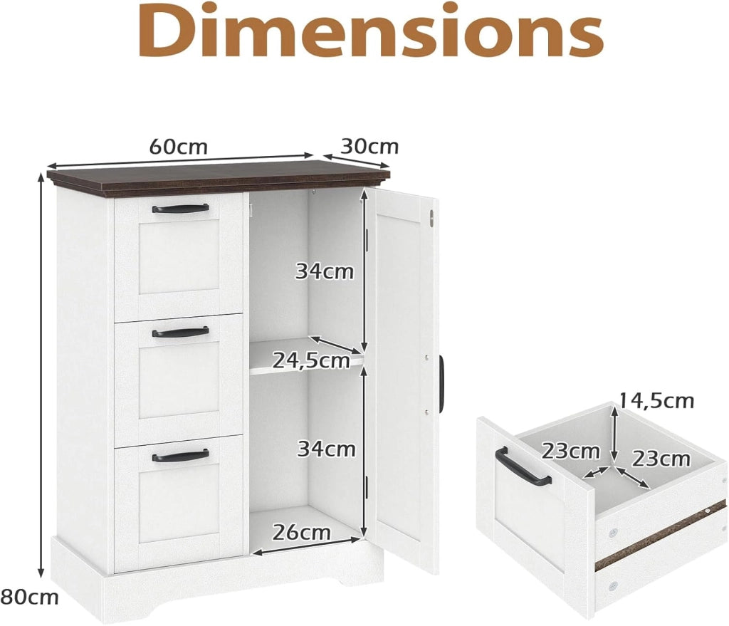 Credenza Cucina con 3 Cassetti e Armadio con Ante, Mobile Cucina Dispensa con Kit Antiribaltamento, Mobiletto Cucina, per Soggiorno, Sala da Pranzo, 60 x 30 x 80 cm (Bianco)