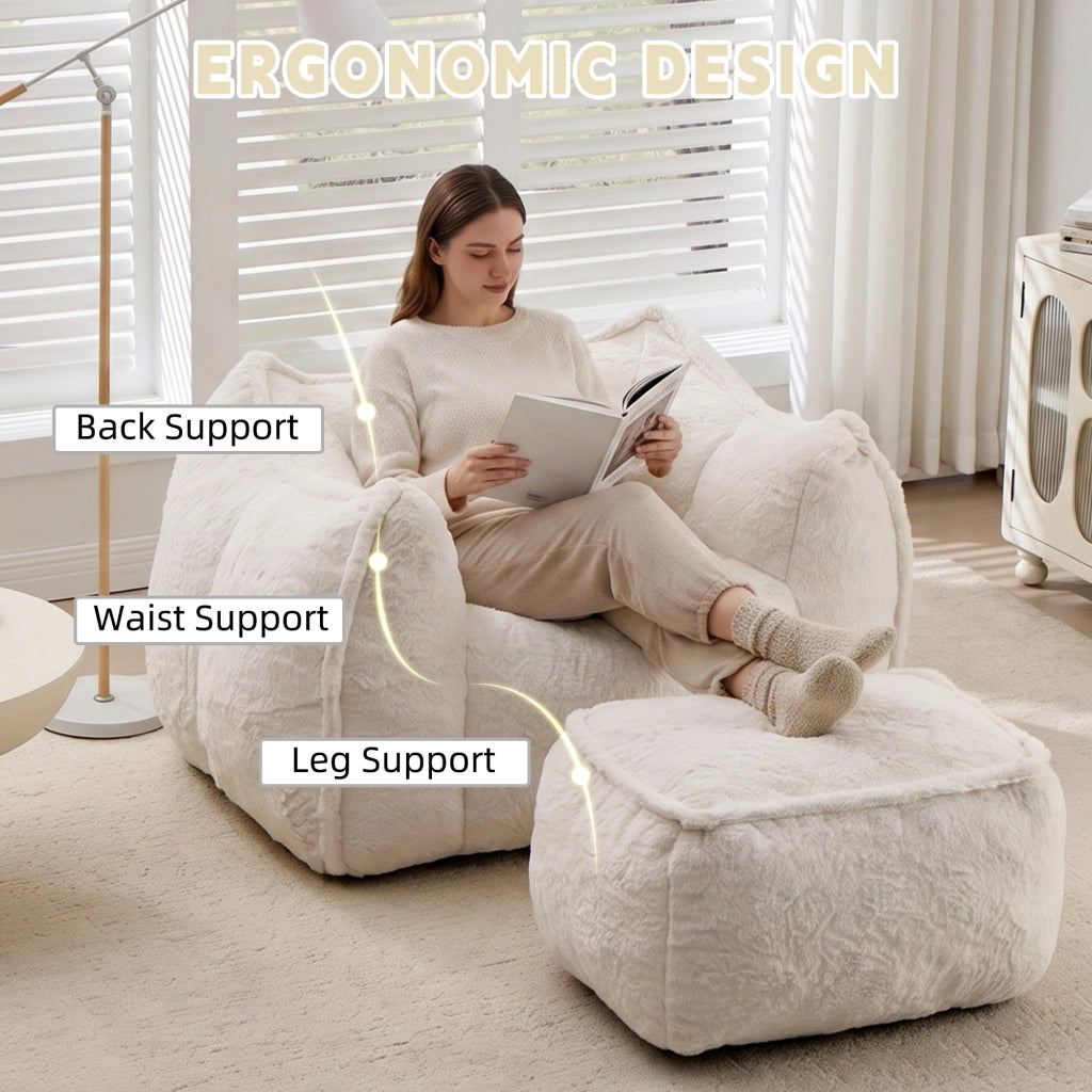Poltrona Sacco Gigante con Pouf e Cuscino ¨C Xylo ¨C Tessuto Pelliccia Sintetica Beige