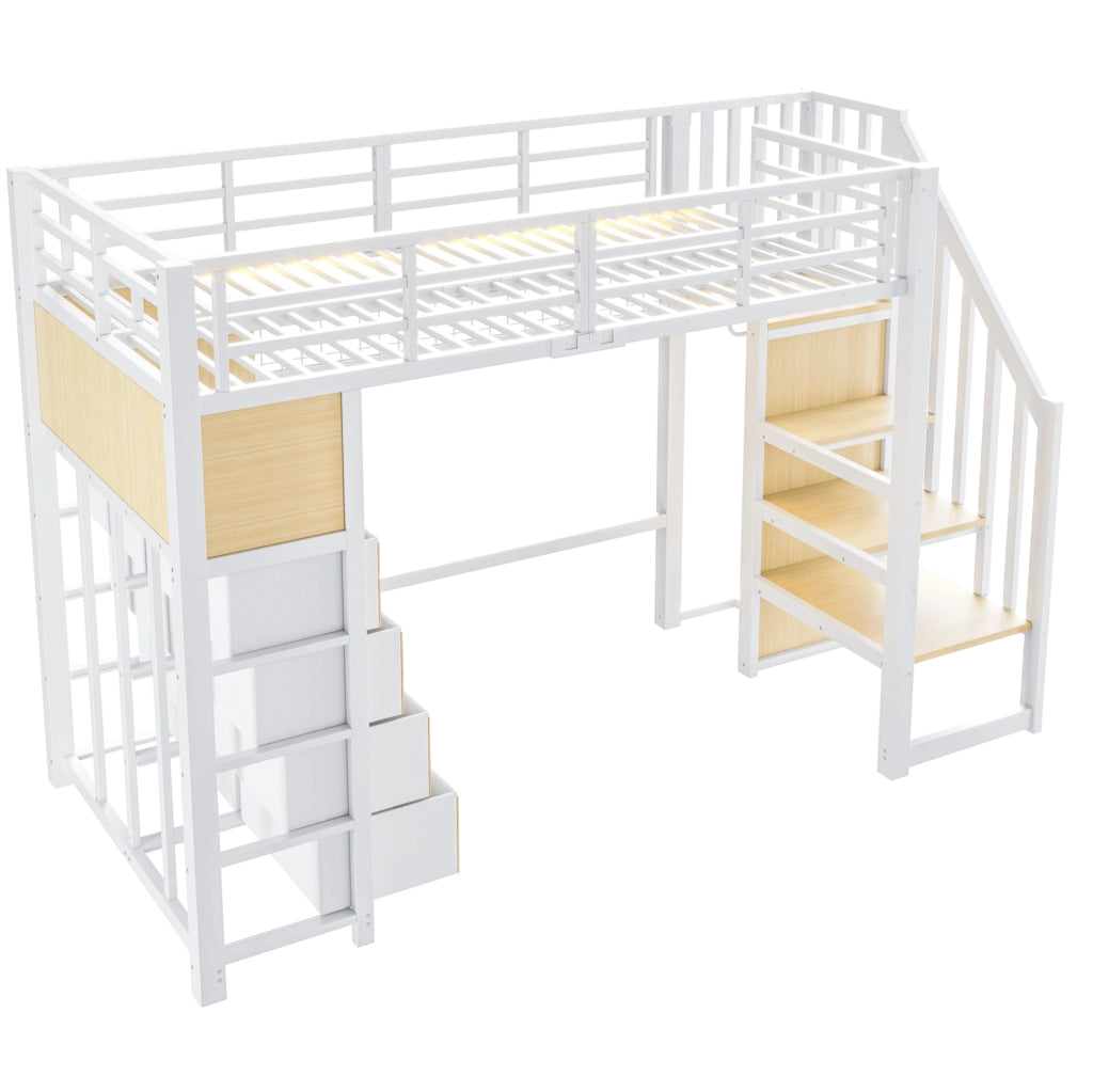 Letto a soppalco 90x200 cm con 8 cassetti, LED e scala in MDF e metallo bianco