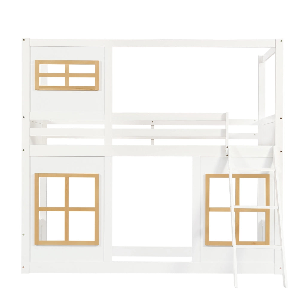 Letto a castello per bambini in pino, MDF e compensato, bianco e naturale, 90x200 cm con finestre decorative e scala robusta