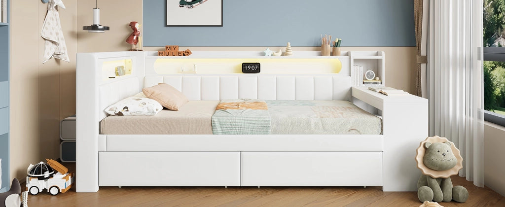 DESMIU Lit banquette 90 × 200 cm 1 place avec bureau, 2 tiroirs, LED et USB, sans matelas, blanc