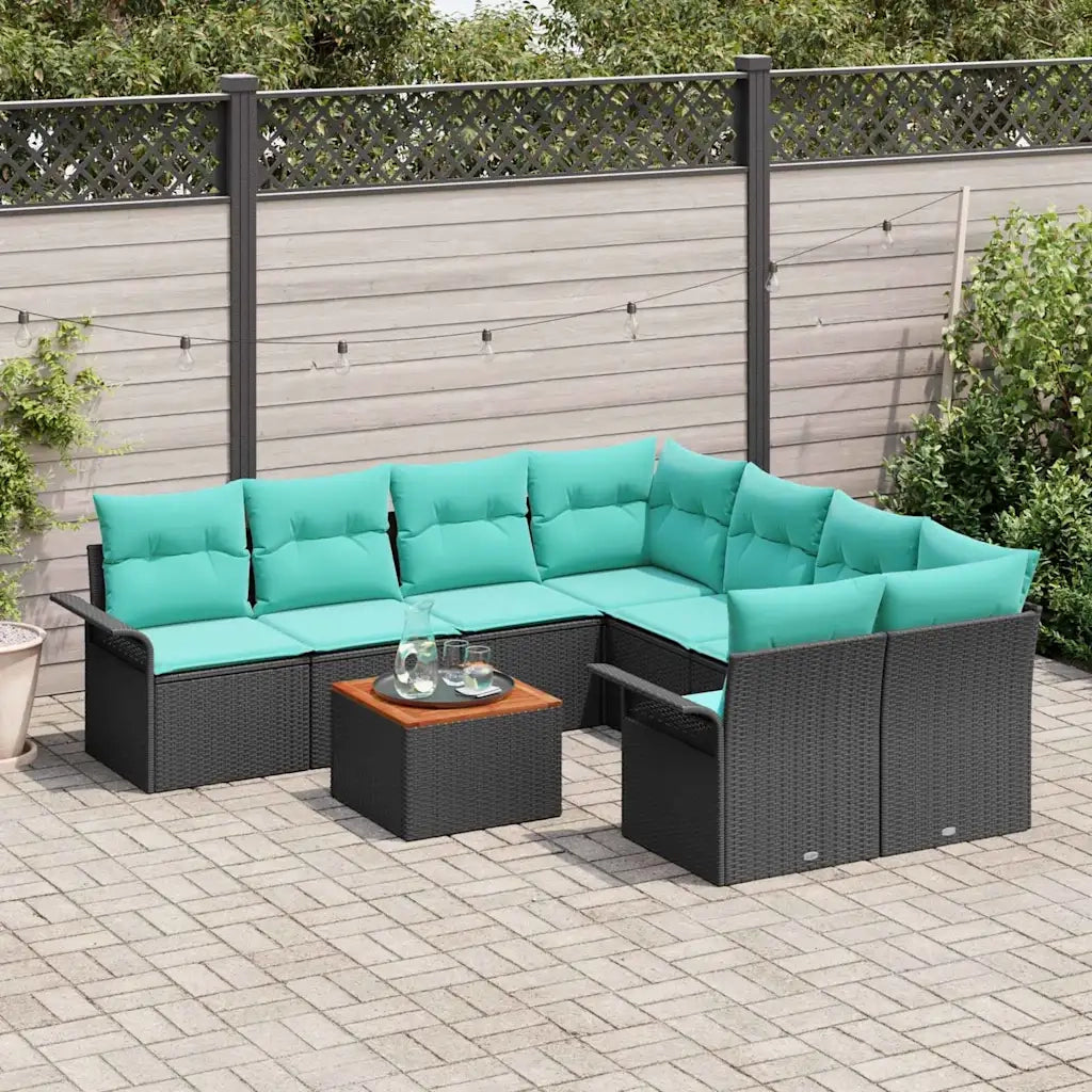Set Divano da Giardino 9 pcs Nero e Turchese polyrattan 3355981