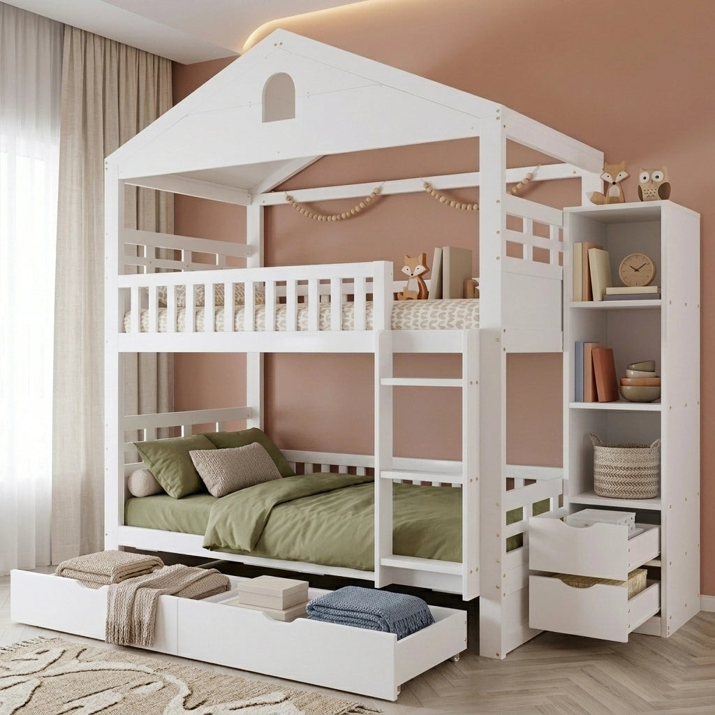 Letto a castello a casetta 90x200 cm bianco con scala; cassetti e scaffale