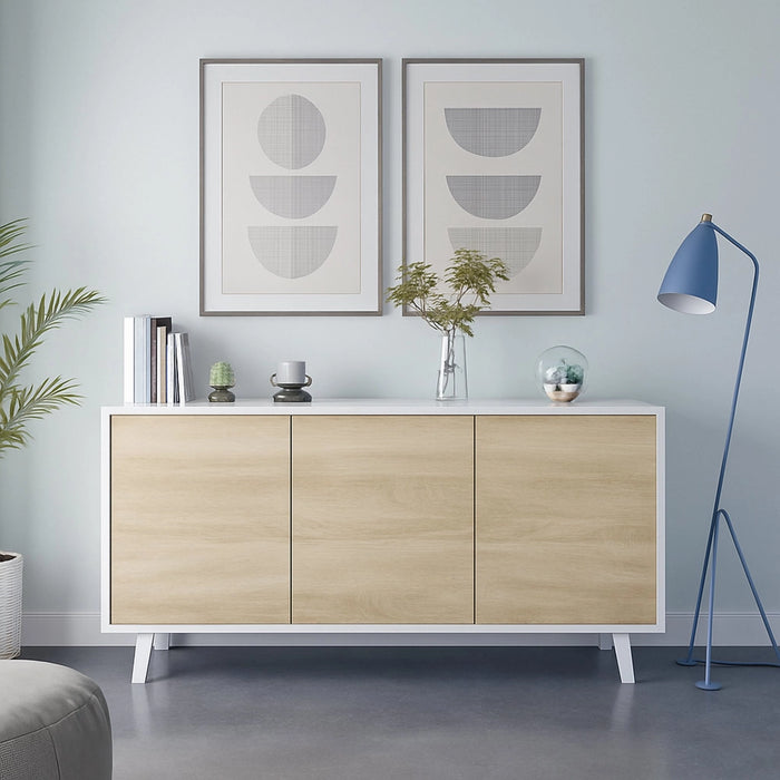 Credenza Acrolorum, Madia moderna a 3 ante e ripiani, Buffet da cucina, Buffet di design da soggiorno, cm 154x40h75, Bianco lucido e Bianco