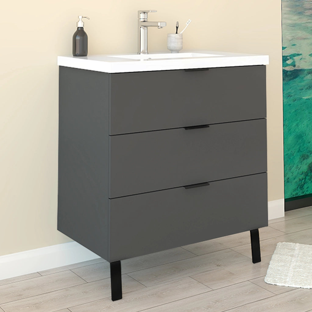 Mobile Bagno Appoggio 80 cm con 3 Cassetti, Lavabo da Incasso, Nero