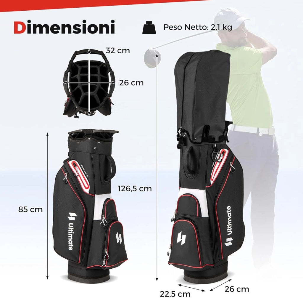Borsa da Golf per Carrello con 14 Scomparti, Organizzatore Portatile per Mazze da Golf con Tasca Frigo, Tracolla Regolabile, Cappuccio Antipioggia e Porta Ombrello per Uomo e Donna