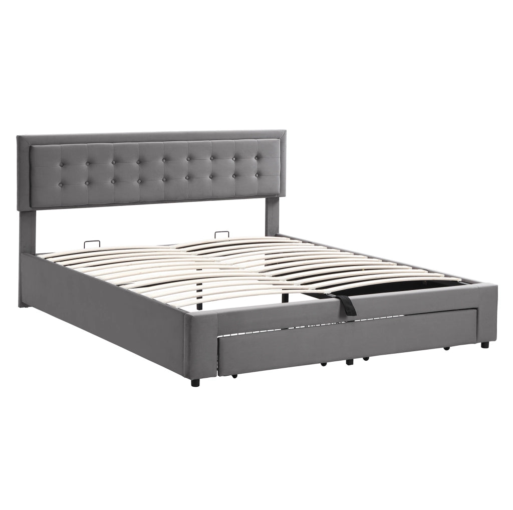 Letto matrimoniale imbottito con contenitore e cassetti; testiera regolabile; 180x200 cm; grigio in velluto