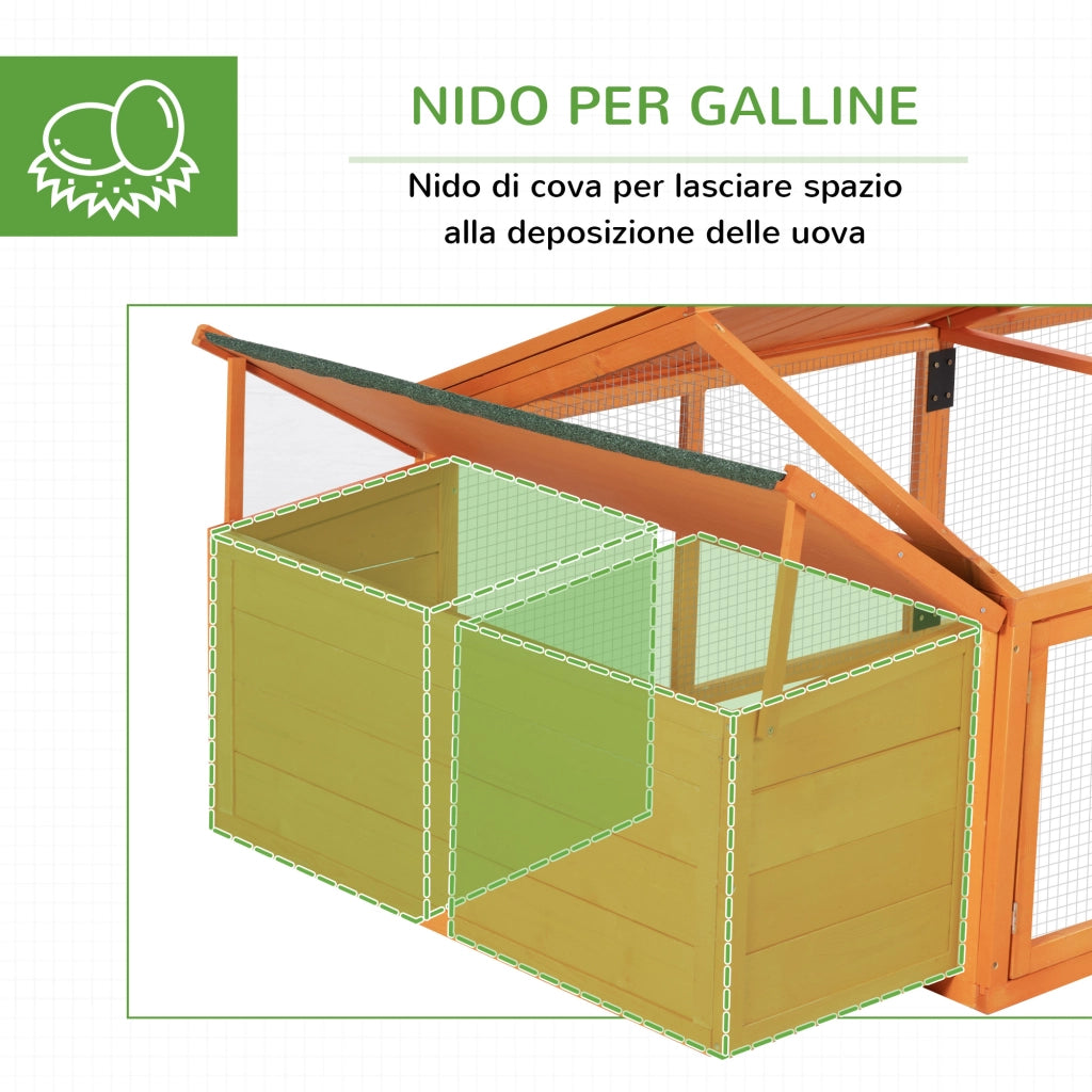 Pollaio da Giardino in Legno con Rete Metallica e Tetto Apribile - Xylo - 240x112.5x76 cm Arancione