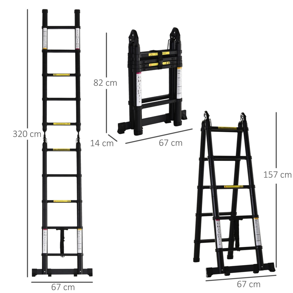 Scala Telescopica Pieghevole 10 Gradini 320x67x7 cm per Interni ed Esterni Nero