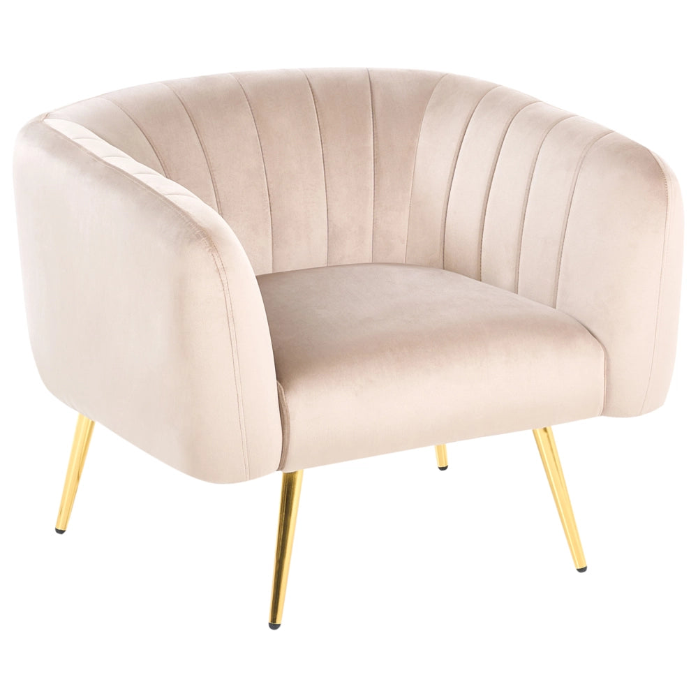 Poltrona Velluto Tortora Struttura in Metallo Dorato con Schienale Tondo Stile Glamour elegante