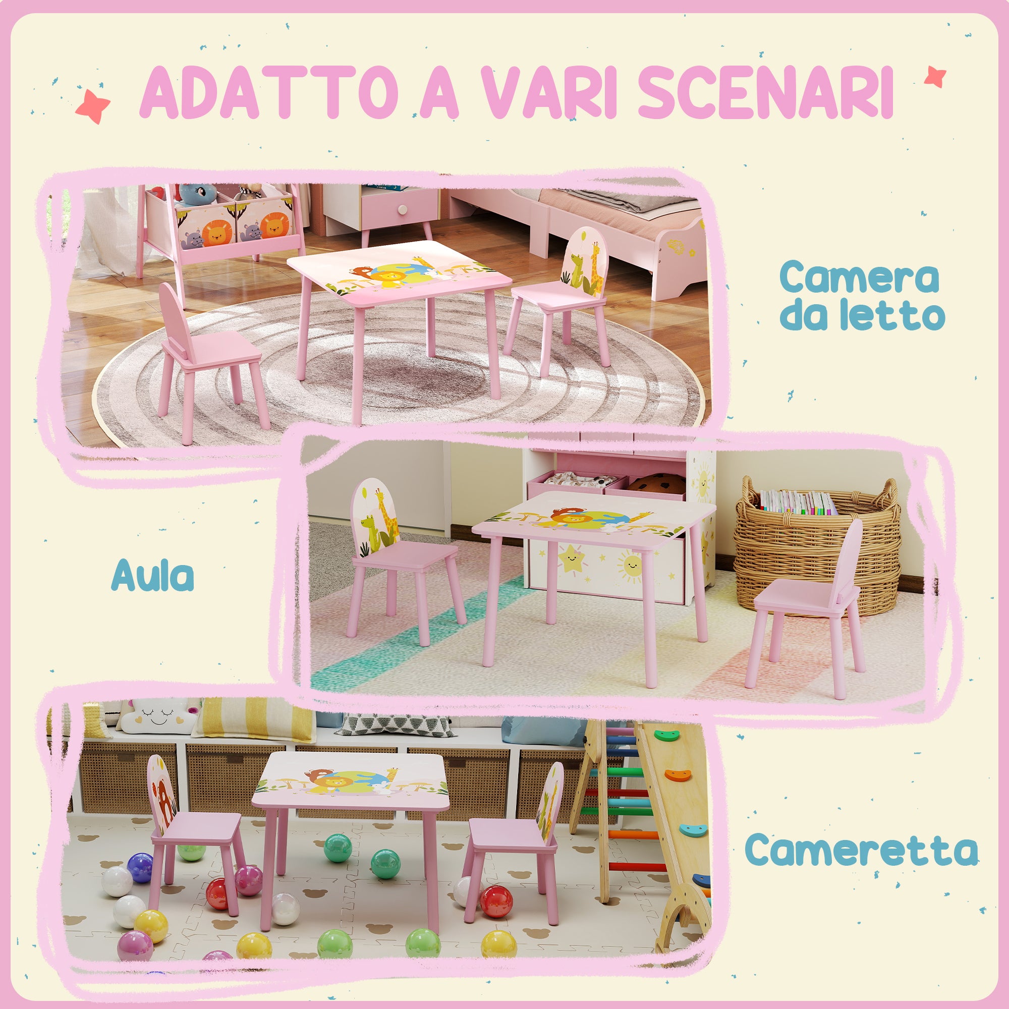 Set Tavolo e Sedie per Bambini 3-8 Anni Disegni di Animali e Bordi Arrotondati in MDF e Legno di Pino Rosa