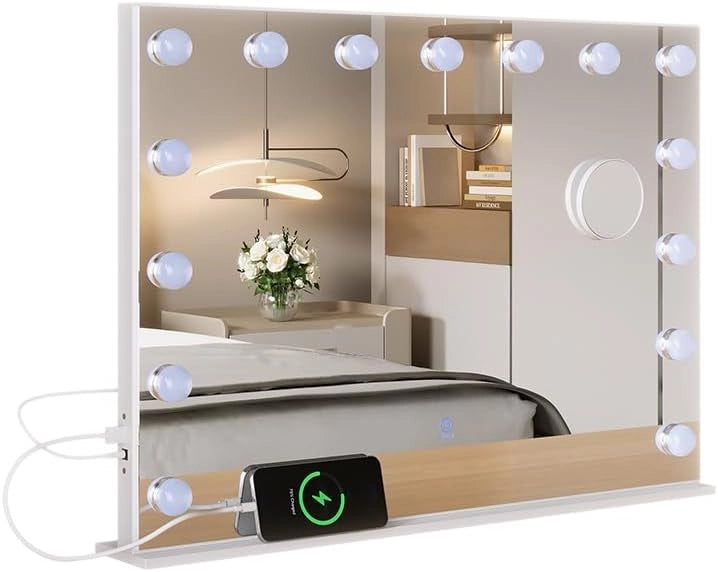 Specchio da toilette Greta, Bianco, 58 x 47 cm con illuminazione a LED, con specchio cosmetico integrato 10x e porta USB