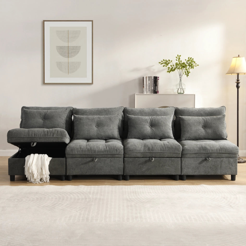 DIVANO modulare 4 posti in chenille grigio antico con contenitore
