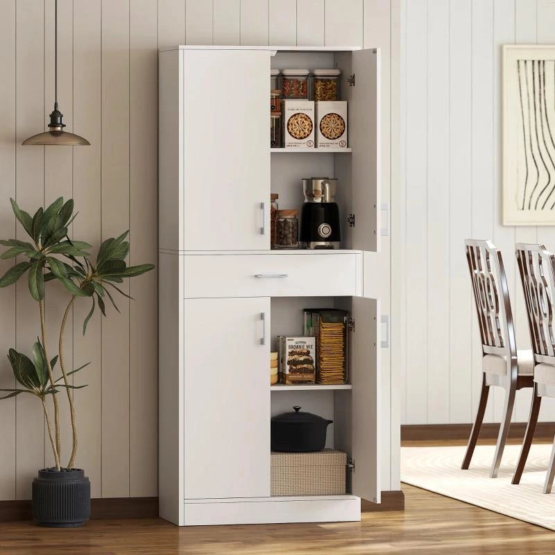 CREDENZA CUCINA ALTA CON 2 ARMADIETTI E UN CASSETTO CENTRALE, RIPIANI REGOLABILI E 4 ANTE TOTALI, BIANCO