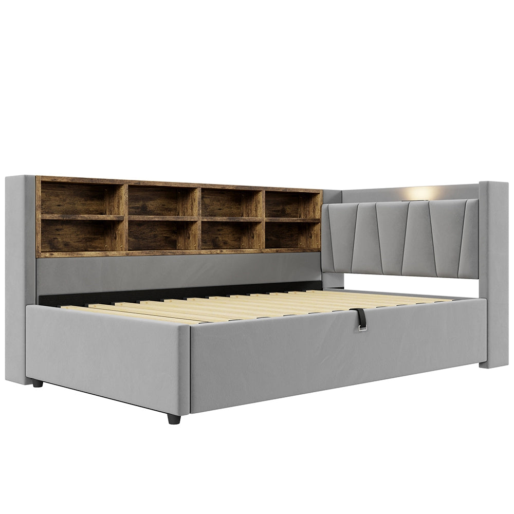 Divano letto-Xylo-90x200 cm-LED, USB-C, ripiani, velluto grigio chiaro