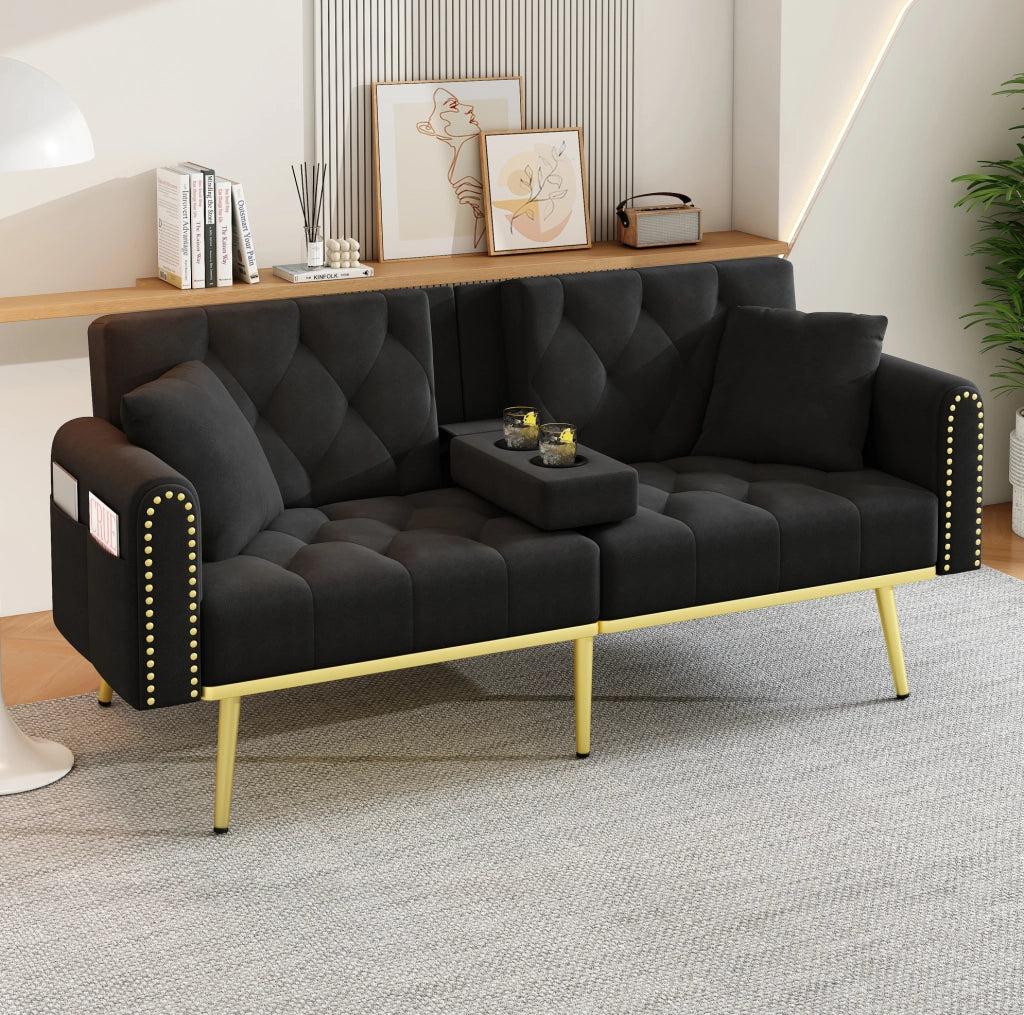 Divano letto 2-3 posti con schienale reclinabile a 3 angoli; velluto nero 175 cm