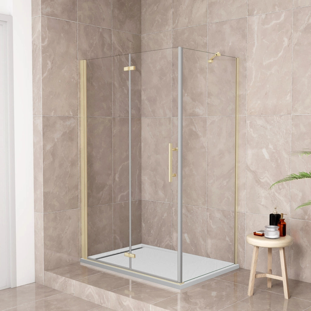 185 cm Box Doccia Angolare 76x80 cm Porta Battente Pieghevole 76 Parete Fissa 80 Vetro Temperato 6 mm Anticalcare Barra Stabilizzatrice da 45 cm Dorato Spazzolato