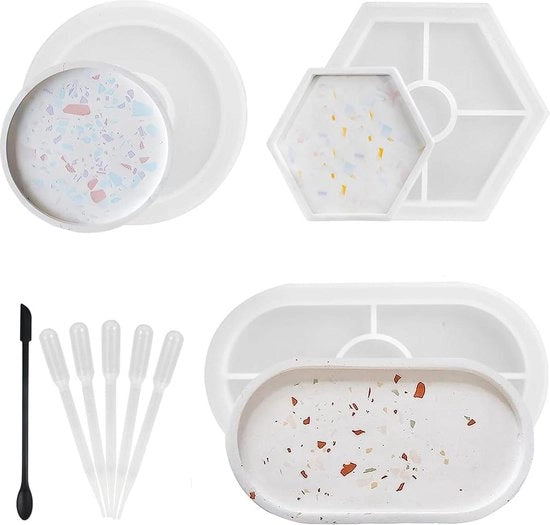 Supporti di silicone - piatto di servizio ovale - stampi per resina - piatto di servizio con bordo - piatto di servizio per DIY - piatto di servizio a sei lati rotondo - 3 pezzi