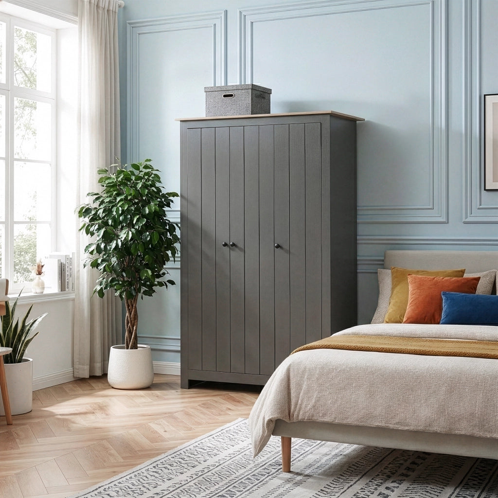 Armadio Guardaroba Vasand a 3 Ante con Barre Appenditi e Ripiani 175x120x52 cm Grigio / Effetto Rovere [en.casa]