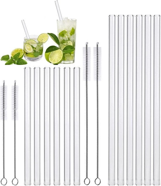 Set di canne di vetro riciclabili - 12 pezzi corti e lunghi - trasparenti - resistenti al lavastoviglie - 10 mm - con set di spazzole per pulizia - bicchieri da cocktail - canne di vetro. Canne di vetro riciclabili