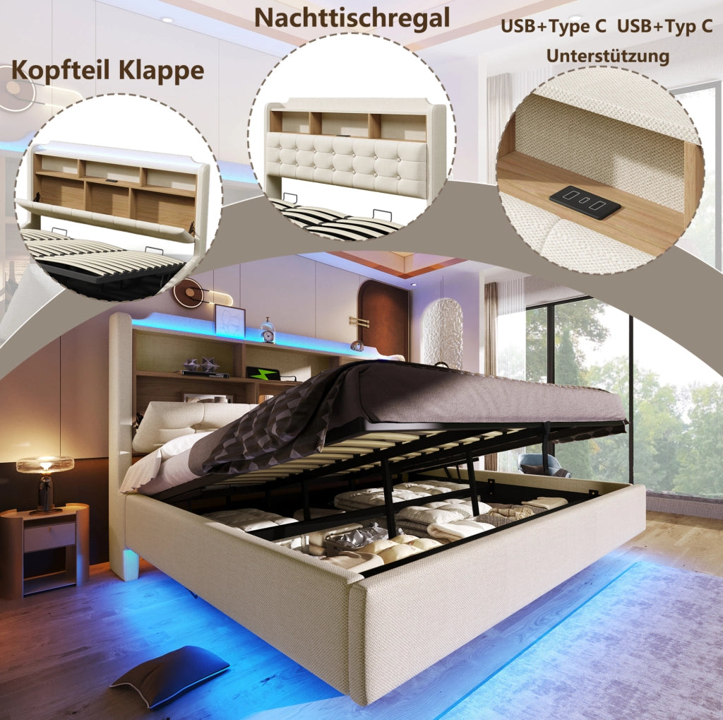 Letto imbottito 180x200 cm beige con contenitore idraulico e LED