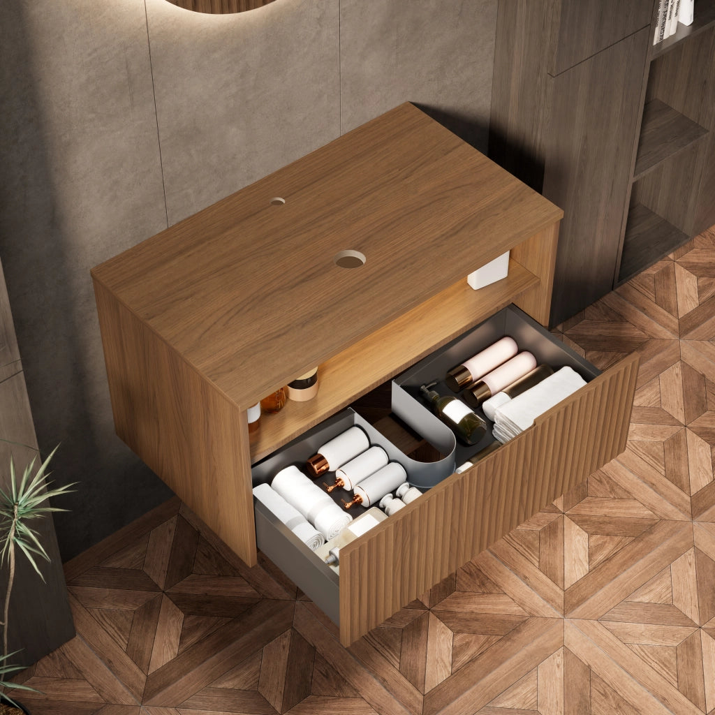 Mobile da bagno con cassetto in compensato finitura rovere marrone