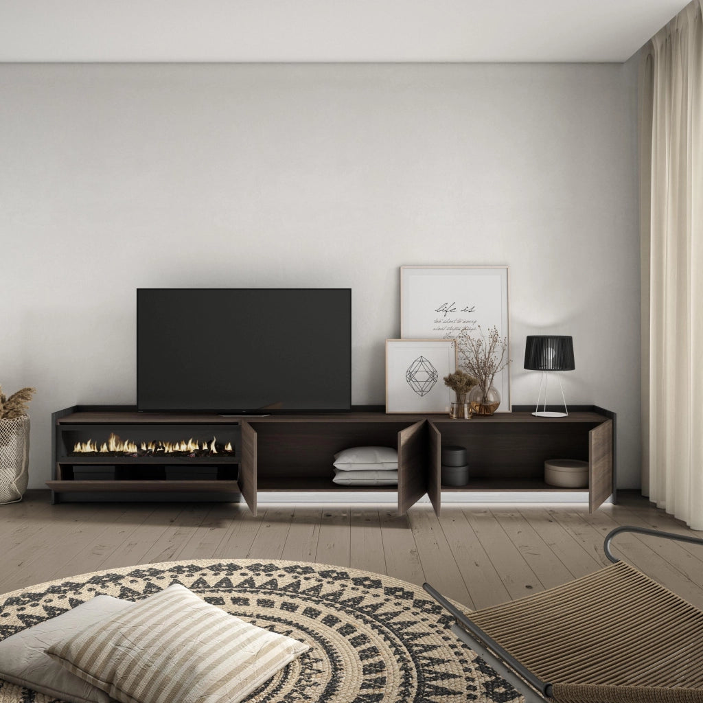 Mobile TV Soggiorno, 310x50x37 cm, Per TV fino a 80", Camino elettrico, LED, Rovere scuro e Nero