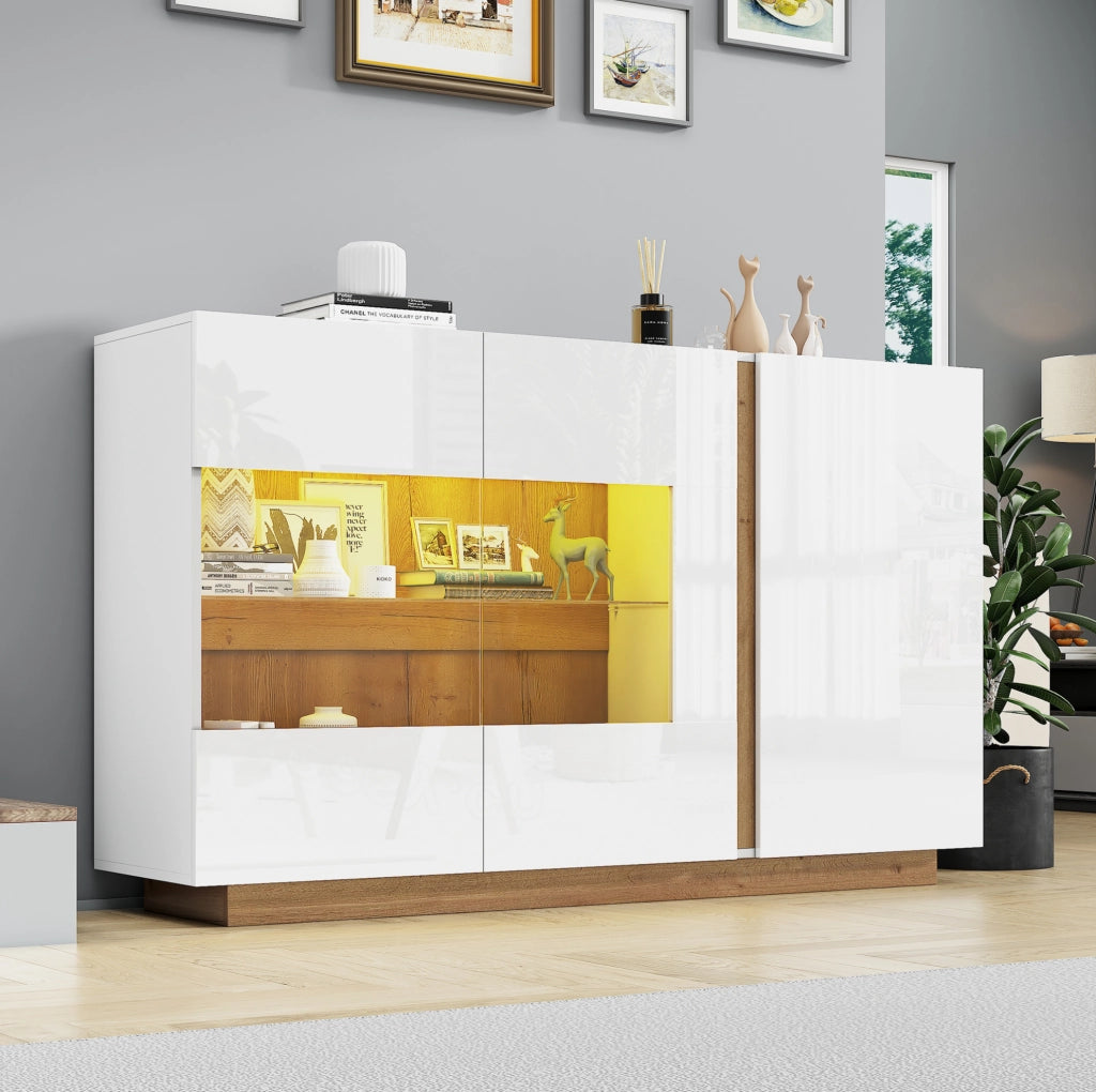 Credenza con 3 ante; luci LED RGB e finitura lucida in truciolato bianco