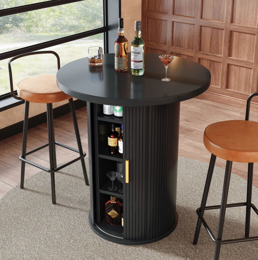 Tavolo bar rotondo con spazio contenitore 60x60x91;6 cm in MDF e metallo; nero