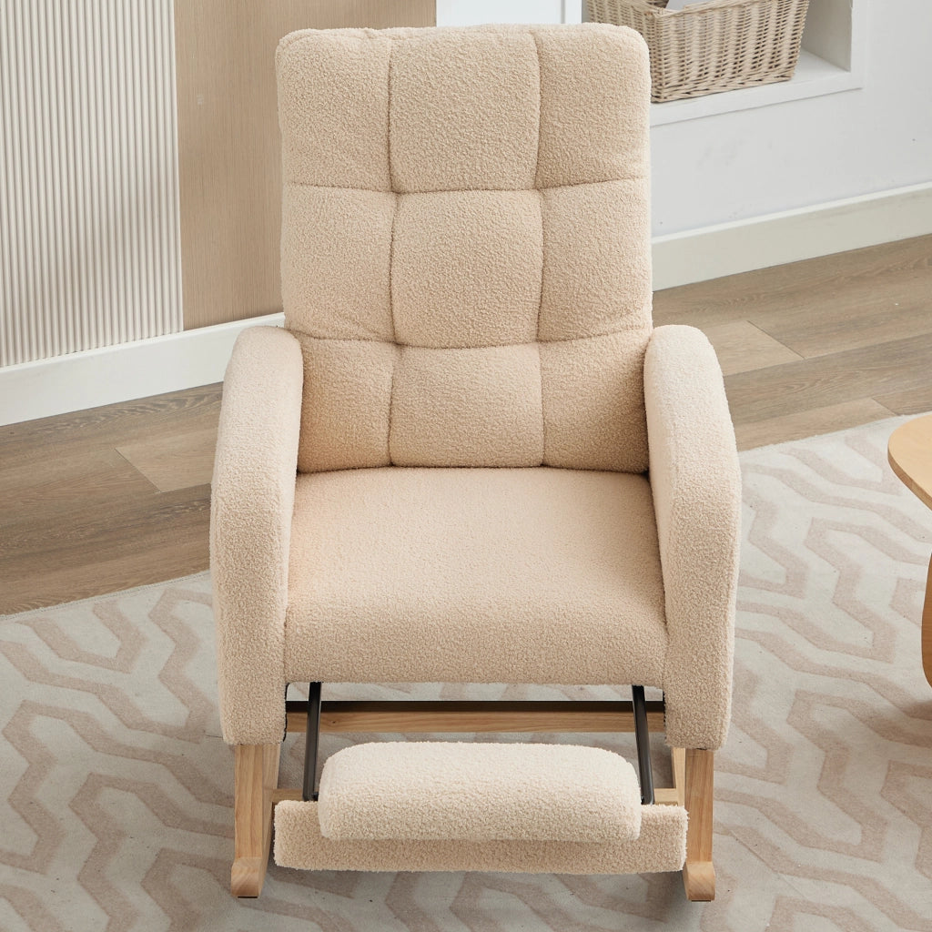 Poltrona a dondolo ergonomica con tasca laterale e schienale alto in tessuto bouclé beige per relax 132 × 50 × 99 cm